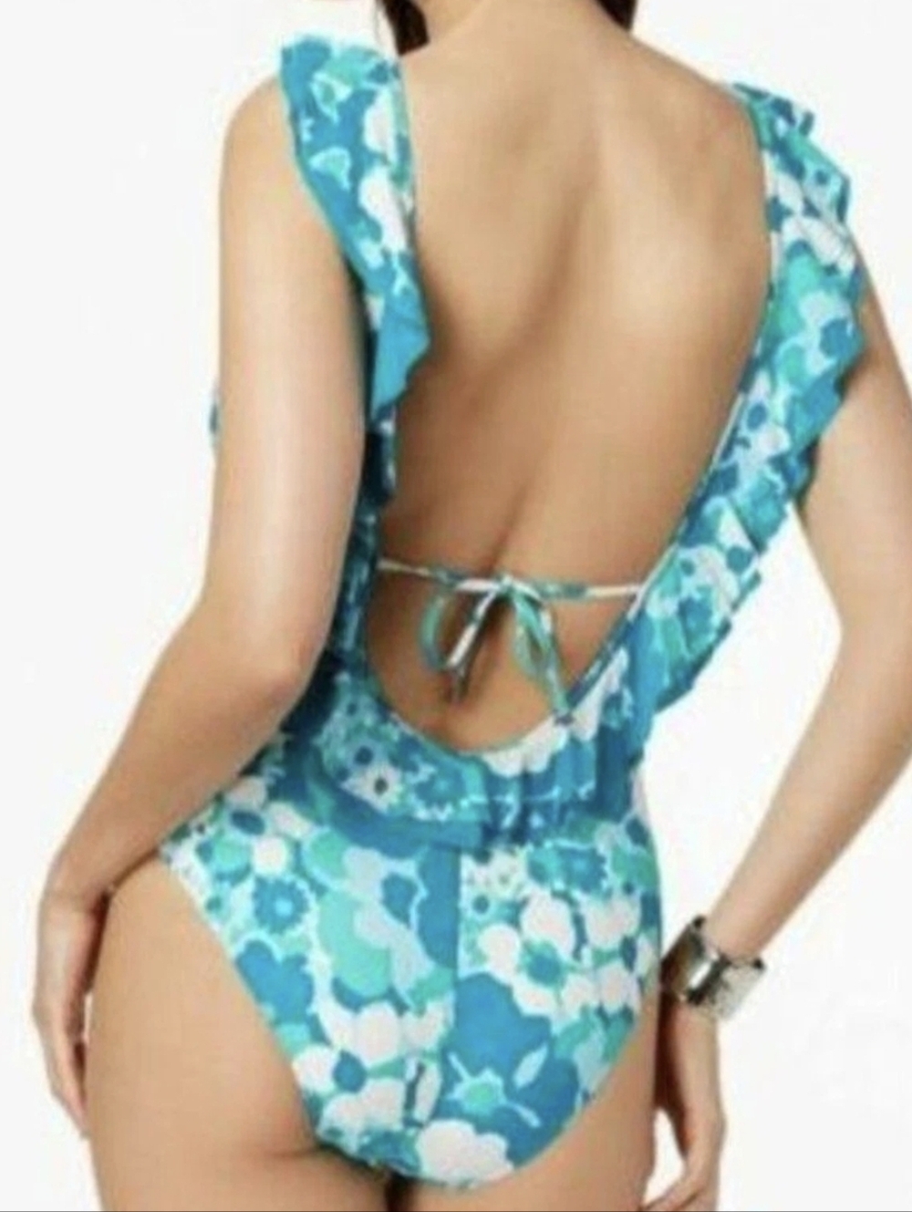 Michael Kors Aqua Blue Floral Plunging Neckline One-Piece Swimsuit Women's Largr - Picture 4 of 5